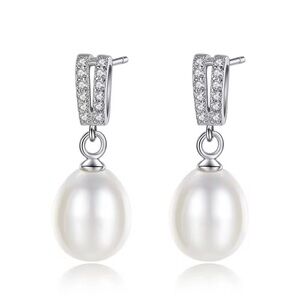 •Luxurious S925 Sterling Silver Drop Hook Stud Earrings/Natural Freshwater Pearl